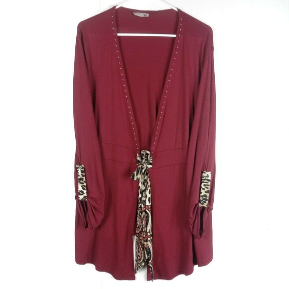 Vintage Cardigan Womens XL Red Studded Animal Print Tie Front Boho Maximalist - Picture 1 of 7